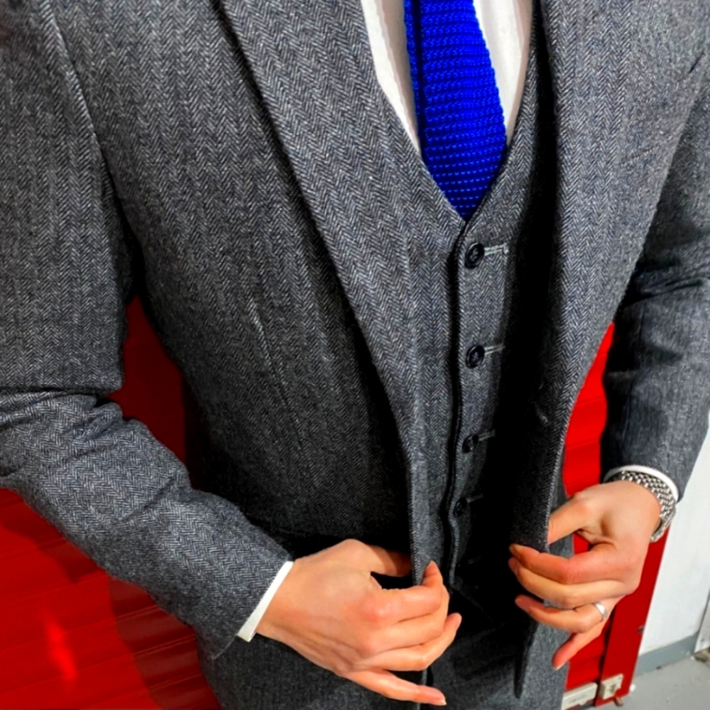 Big & Tall 3 Piece Tweed Suit Herringbone Gray 54R Coat & Vest 48 Waist